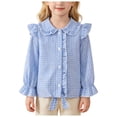 thumbnail image 3 of YDFCWXW Girls Long Sleeve Plaid Ruffle Button Down Shirt Cowgirl Western Tie Front Blouse 5-14 Years (Blue, 3-4 Years), 3 of 9