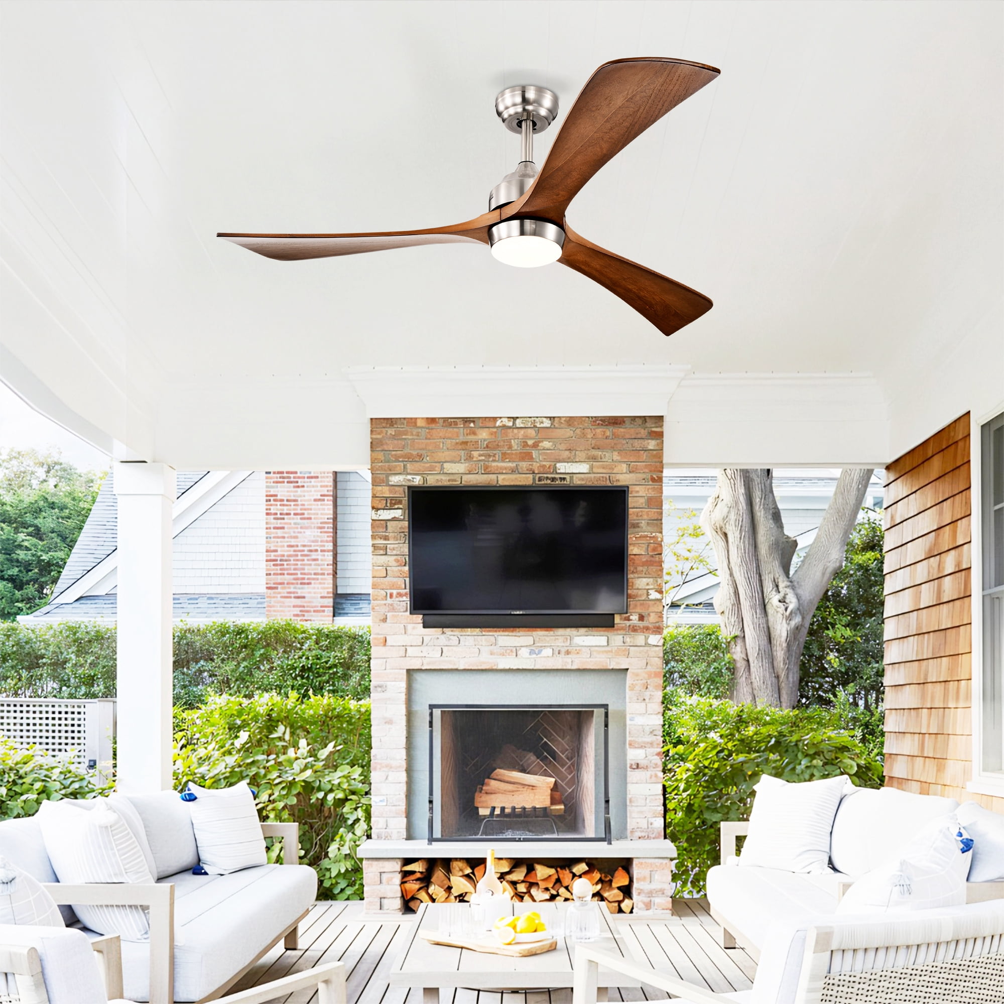 Ceiling Fan with Light, 52 Inch Solid Wood Blade Quiet Fan for Home Office Living Room, Stain Nickel