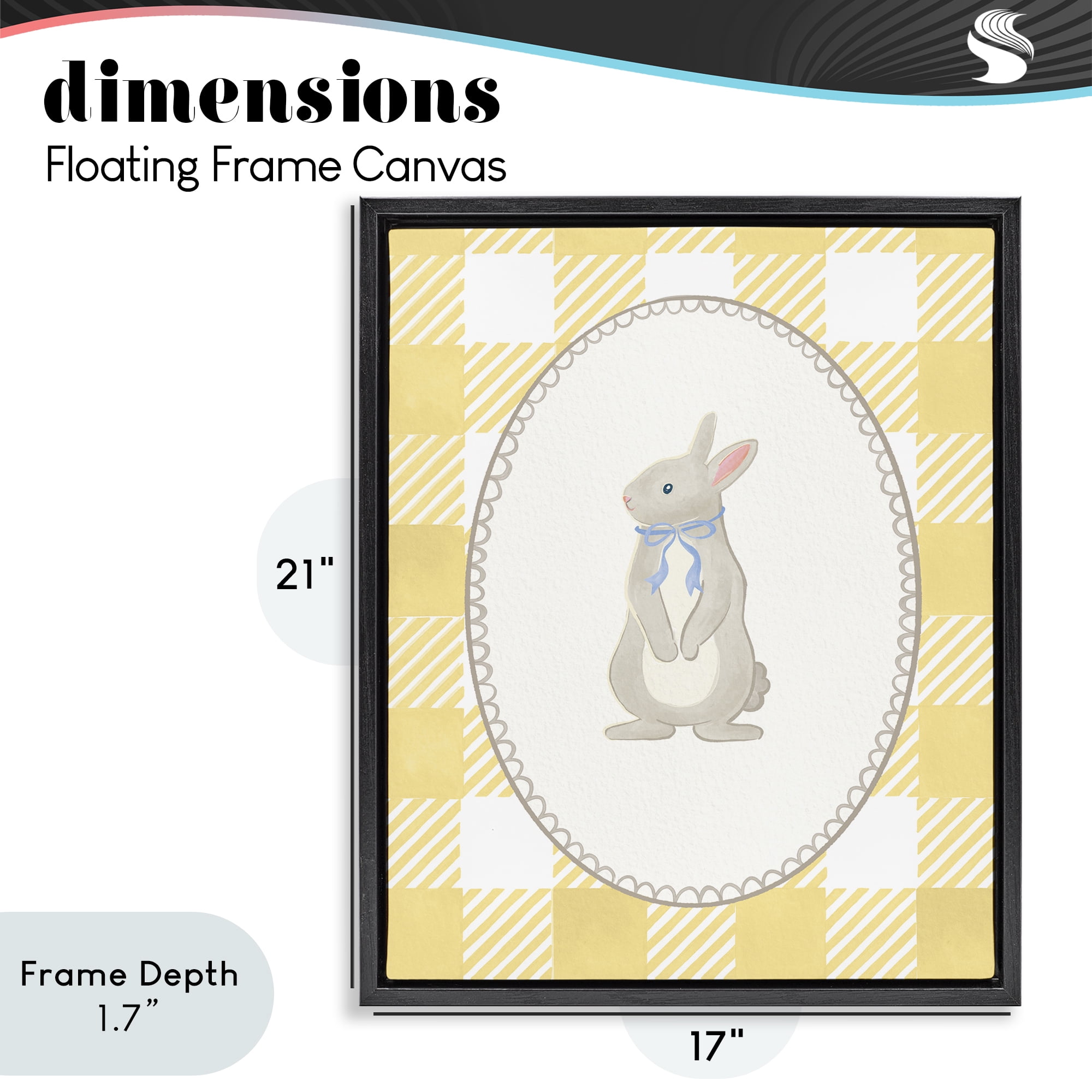 Stupell Industries Little Bunny on Yellow Gingham Black Framed Floater Canvas Wall Art, design by The Paper Curator