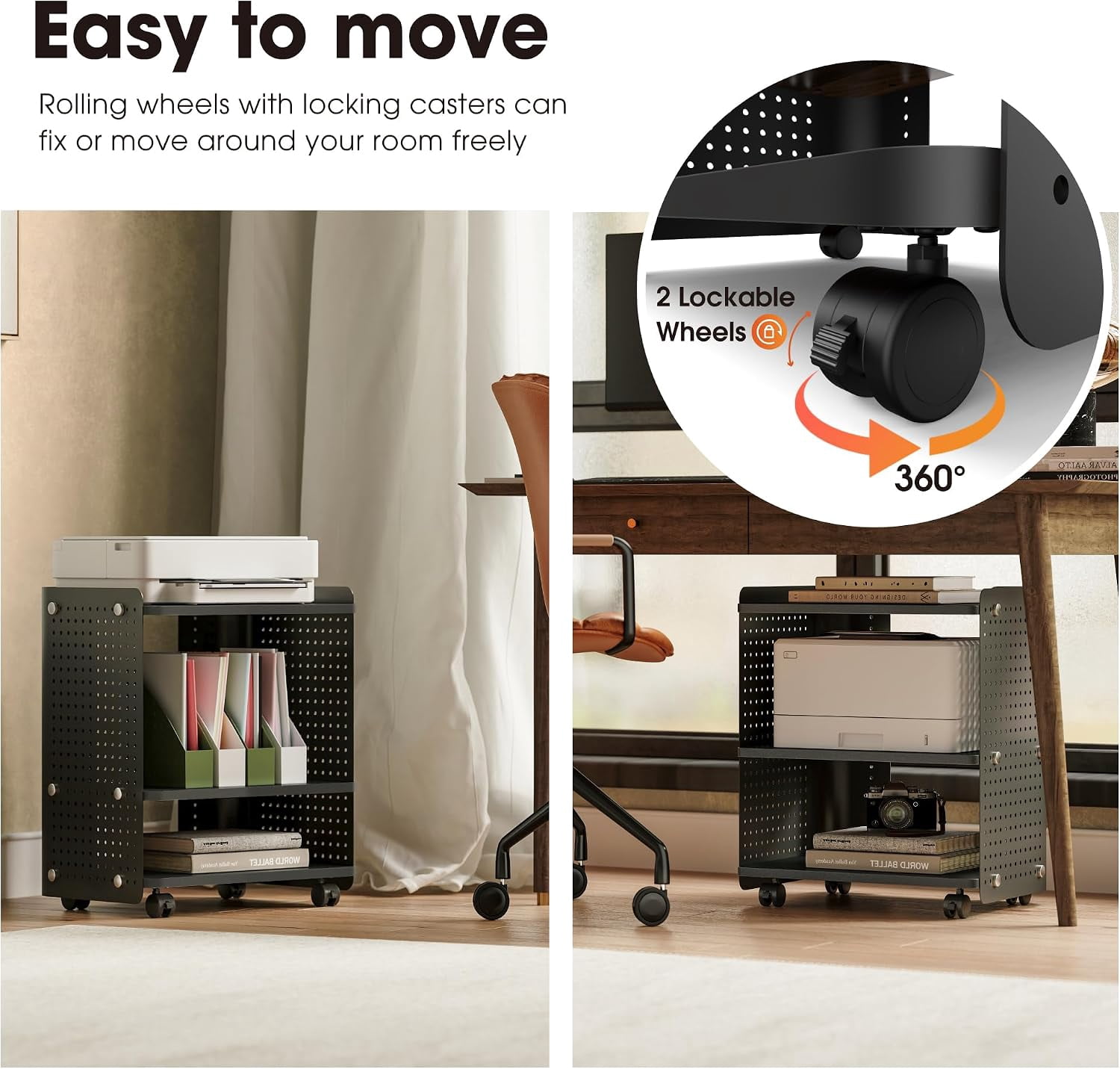 Fenge 3-Tier Rolling Printer Stand with Pegboard Storage, Black, 17.8 x 13.2 x 21.8 in