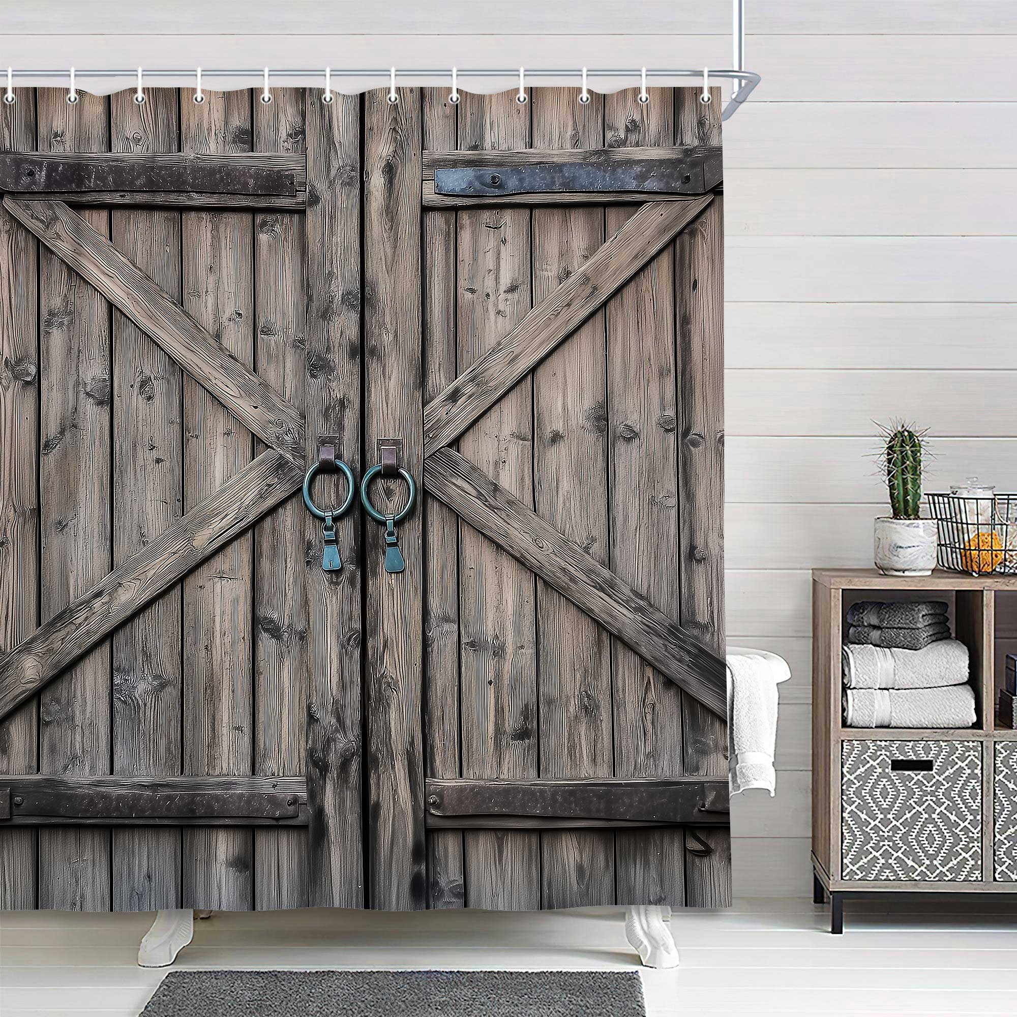 Grey Barn Door Shower Curtain, Farmhouse Vintage Countryside Wood Board Bathroom Decor Curtains, Countryside Village Rural Rustic Waterproof Fabric Bath Curtains with Hooks, 72X72in