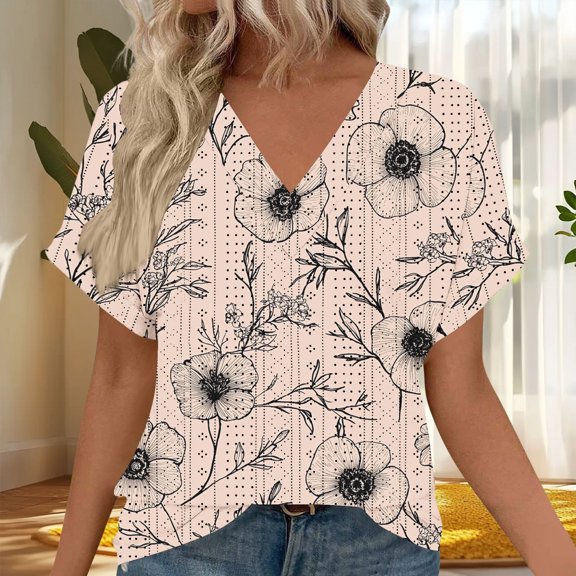 Craaazy Women's Casual Prints Loose Breathable V Neck Short Sleeve Cozy Tops Gifts
