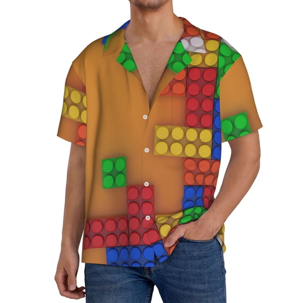 Fotbe Colorful Building Blocks A Camisa Estampada de Manga Corta para Hombre, Casual de Verano, Estilo Playero, Sin Arrugas-Large