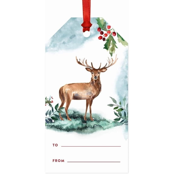Koyal Wholesale Watercolor Deer Christmas Gift Tags Merry Christmas To From, 20-Pack