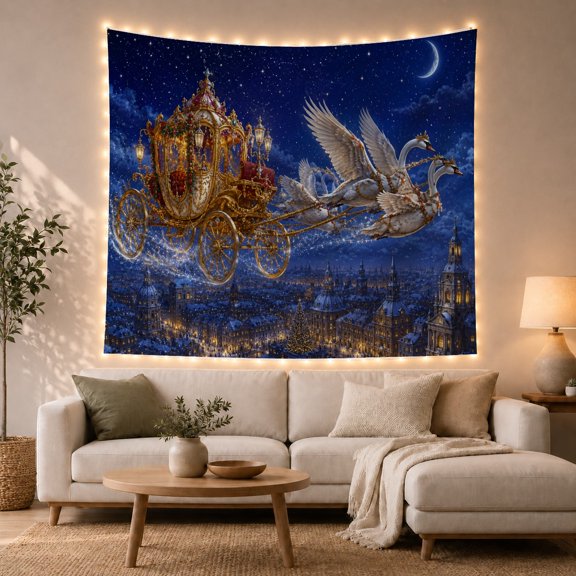 Golden Carriage Flying Over a Christmas Village, Dreamy Fantasy Style for Festive Decor Lovers, Festive Wall Art, Christmas Gift, Tapestry Wall Hanging for Living Room and Entryway