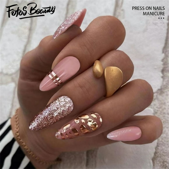 Fofosbeauty 24pcs Press on False Nails Tips, Stiletto Fake Acrylic Nails, Sweet and Spicy Leopard Print Pink