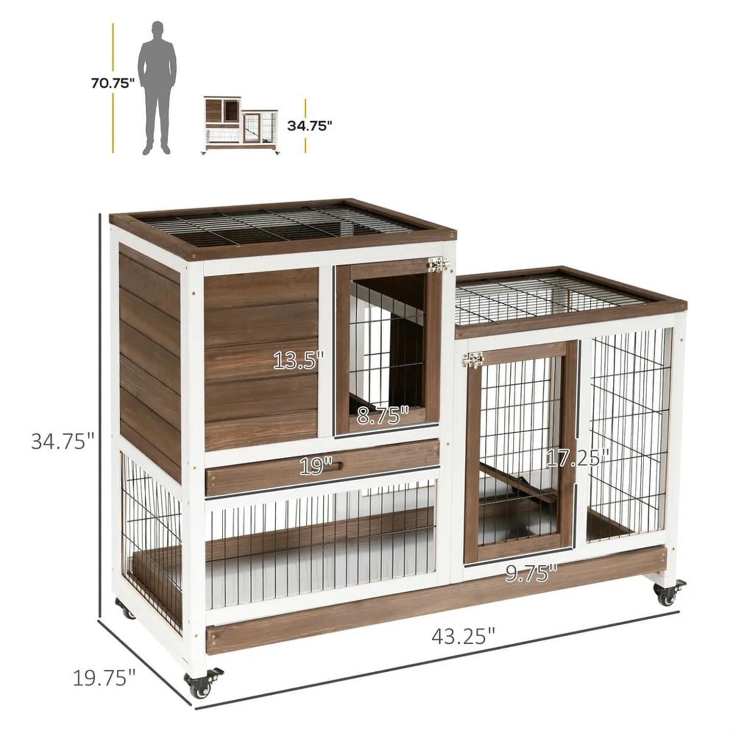 Kadyn 43" 2-tier Wooden Rabbit Hutch with Wheels and Slide-out Tray, Outdoor Small Animal Habitat Chicken Coop Bunny Cage for Bunnies, Guinea Pigs, Brown
