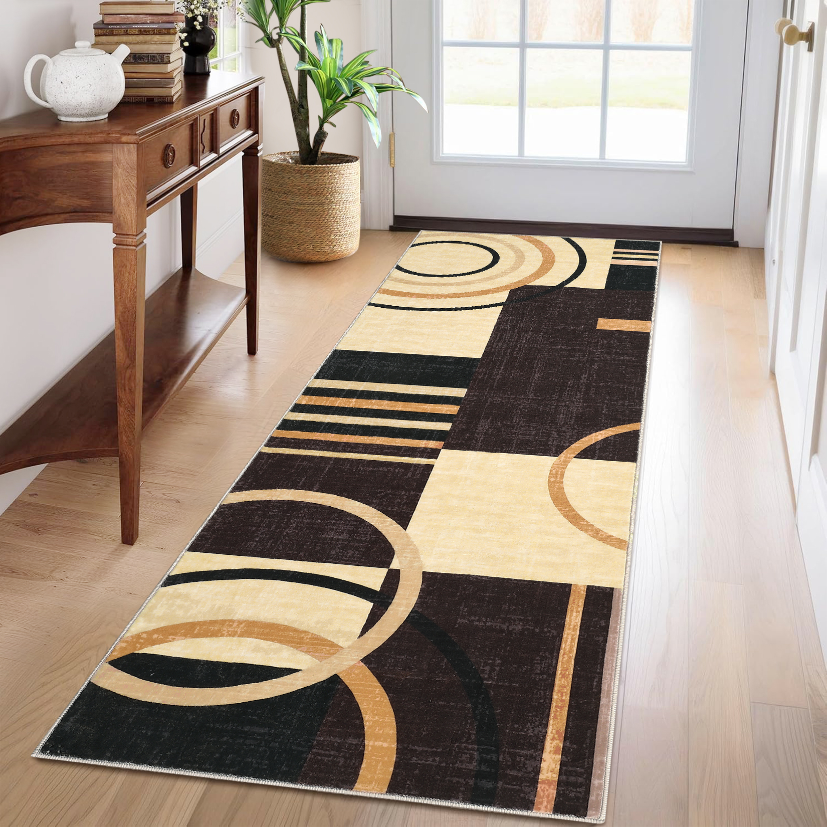 Modern Washable Area Rugs, Contemporary Geometric Circles Carpet with Non-Slip Backing