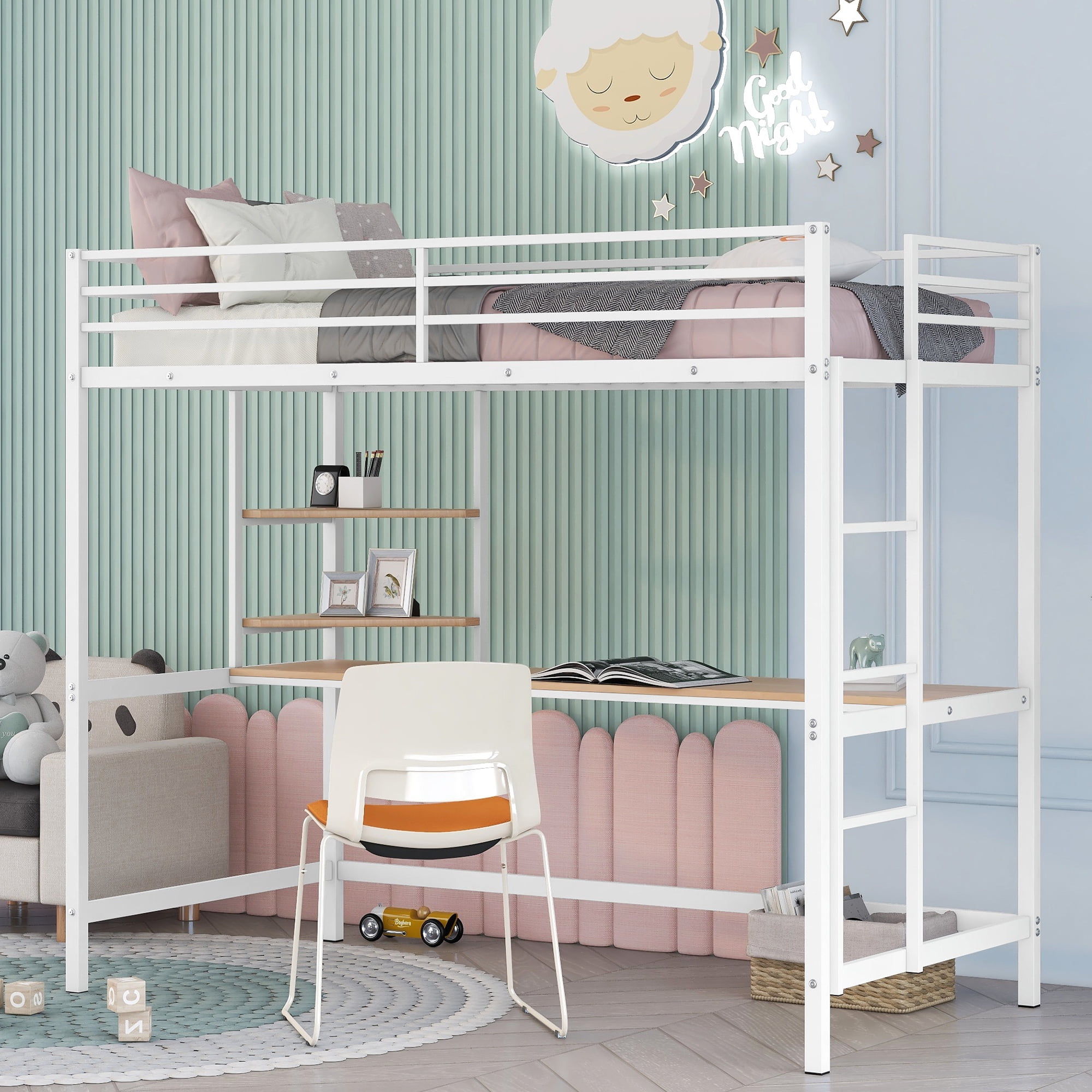Gewnee Twin Heavy Duty Metal Loft Bed Frame with Desk and Shelves ,Ladder and Full-Length Guardrail,White
