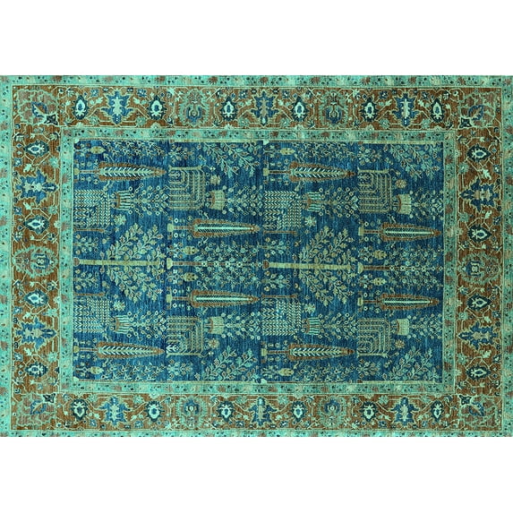 Ahgly Company Machine Washable Indoor Rectangle Oriental Turquoise Blue Industrial Area Rugs, 6' x 9'