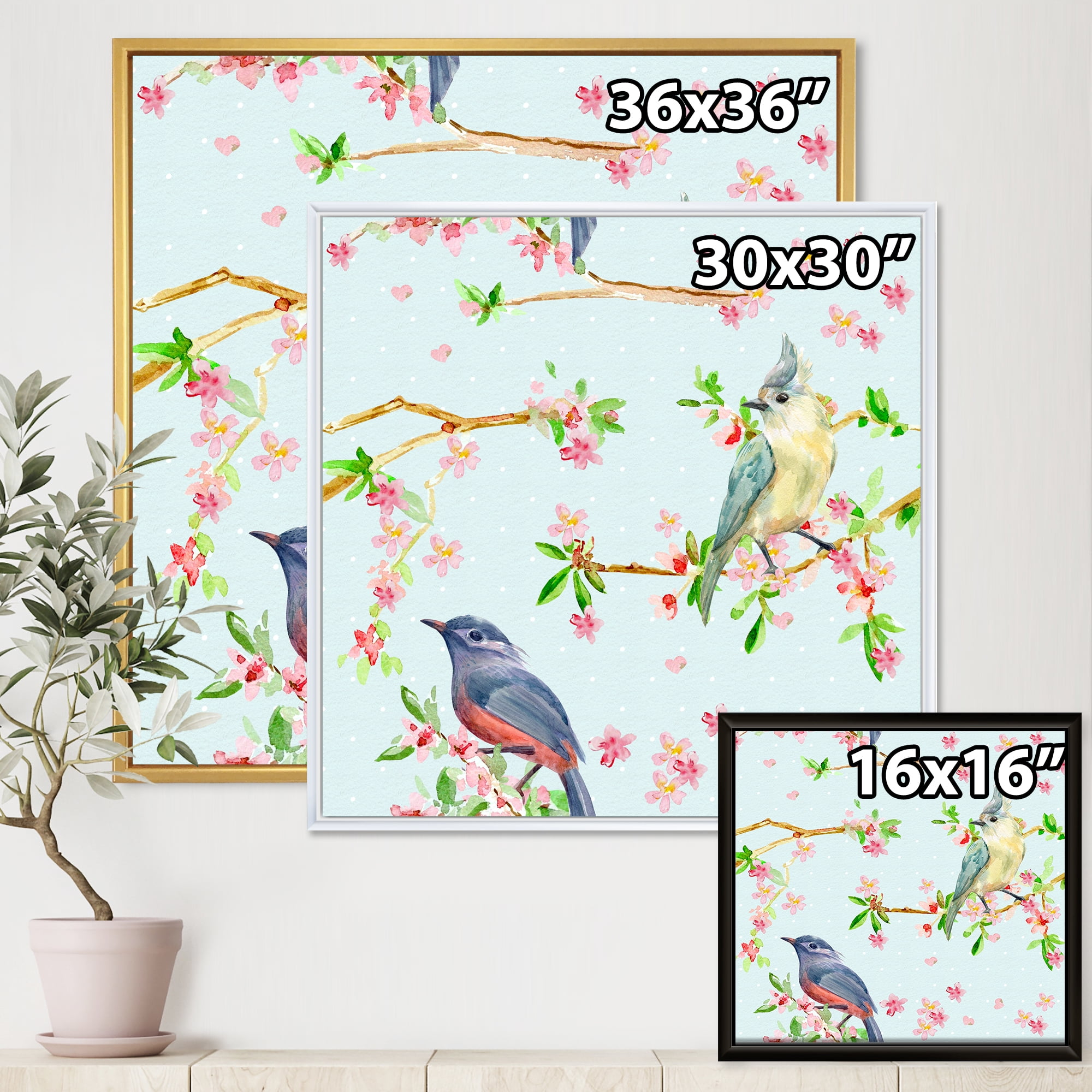 Designart 'Birds and Flowers Pattern In Blue' Traditional Framed Canvas Wall Art Print