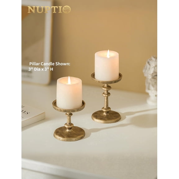 NUPTIO Pillar Candle Holder for Dining Table Decorative Centerpiece - Heavy Metal Candle Stand for 3 Inch Pillars, Gold Candle Holders for Christmas Party Table Decor