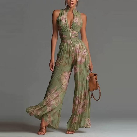 Elvqul Women's Elegant Chic Fashion Chiffon Sleeveless Floral Jumpsuit, Zip Up Closure, Pleated Design, Wide Leg Full Length for Party, Vacation, Spring & Summer
