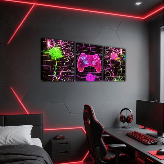Erosebridal Pink Gamer Gaming Canvas Wall Art for Bedroom , Video Game Lightning Wall Decor for Bathroom
