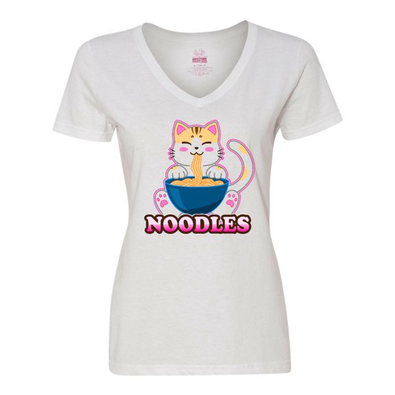 Inktastic I Love Noodles with Cat Illustration Women's V-Neck T-Shirt