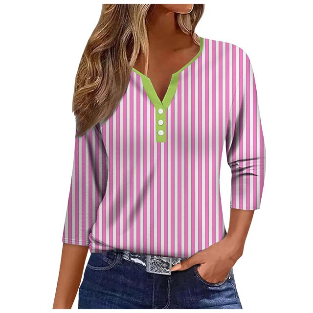 GYUJNB 3/4 Length Sleeve Womens Tops Button Down Summer Henley Neck T Shirts Plus Size Blouses