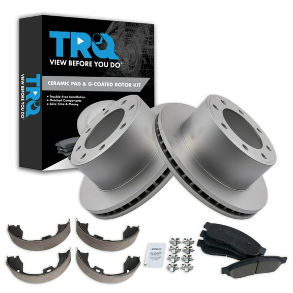 TRQ Rear Brake Pad & Rotor Kit Brake Pads Brake Rotor Parking Brake Shoe Set Ceramic Premium G-Coated Fits Select 2011-2012 Ford F-250 Super Duty F-350 Super Duty