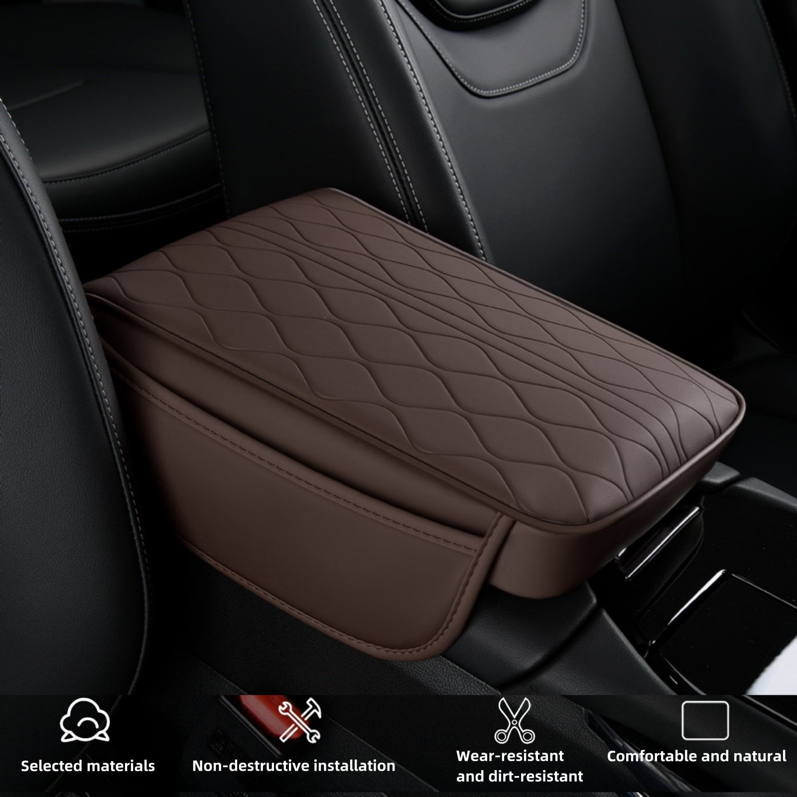 ST SoleMe.Tc Brown Leather Center Console Pad Car Armrest Cushion with Side Pocket- Car Arm Rest Covering Vehicle Memory Foam Armrest Box Cover for Car Suv Truck, Water Ripple Style, (L)