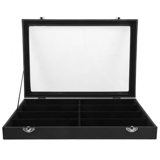Miangastore Sunglass Organizer Case Sunglasses Holder Organizer Glasses Display Box in black, featuring a multi-grid design for storing multiple pairs of glasses. Made of leather, lint, and density board materials for durability and easy cleaning. The case has a sleek and stylish appearance with a transparent lid for easy display and selection of glasses. Suitable for both home and commercial use, measuring 35.00 x 23.50 x 4.50 cm (13.76 x 9.24 x 1.77 in).