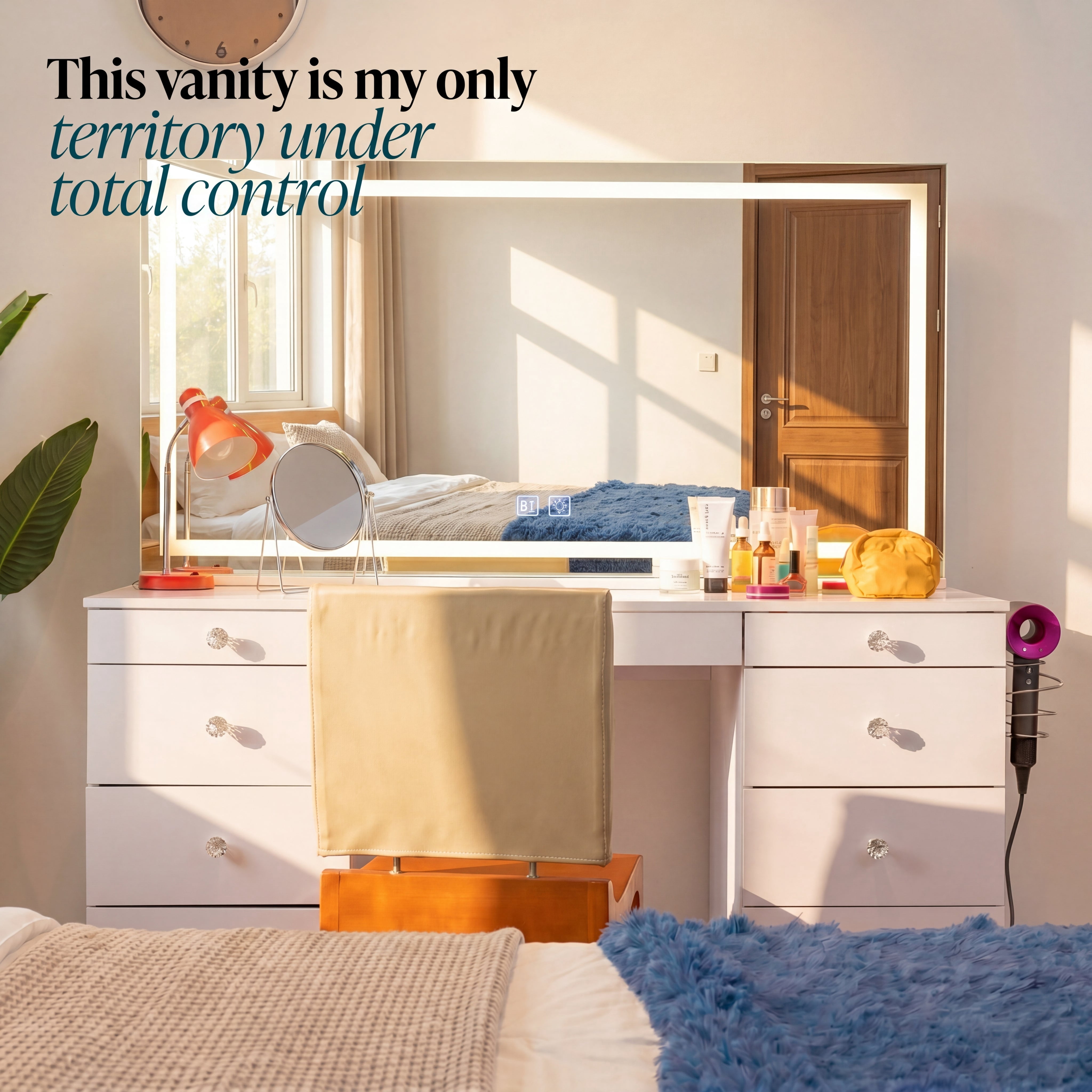Boahaus Elara Extra Large Vanity Desk with Mirror and Lights – 11 Drawer Makeup Vanity Table with Storage, Power Outlet and Built-In Speakers