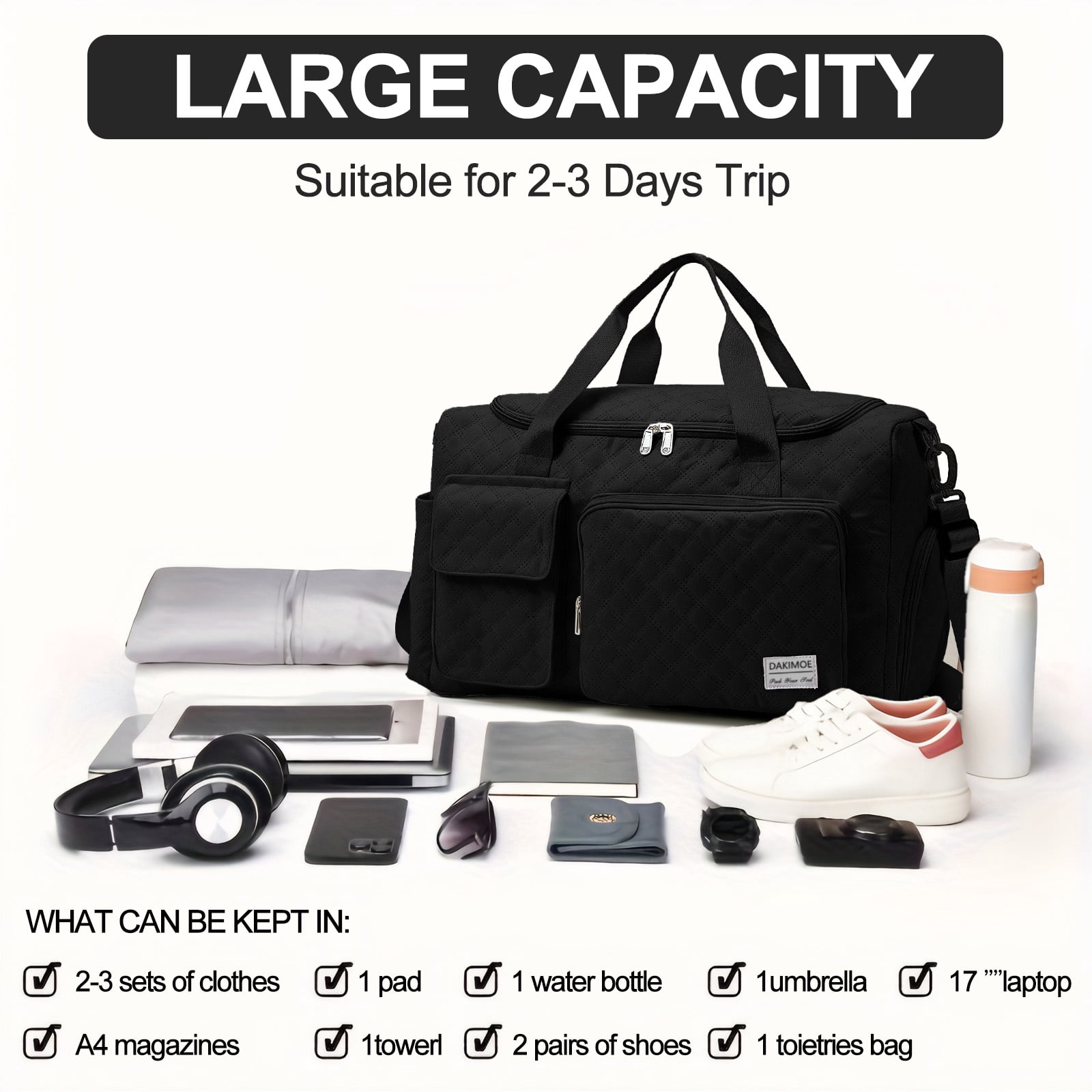 DAKIMOE Travel Duffle Bag for Women Men, Weekender Overnight Bags Carry on Gym Bag with Wet Pocket/Adjustable Strap/Shoe Compartment, Foldable Waterproof Duffel Tote for Plane Sports Dance, Black