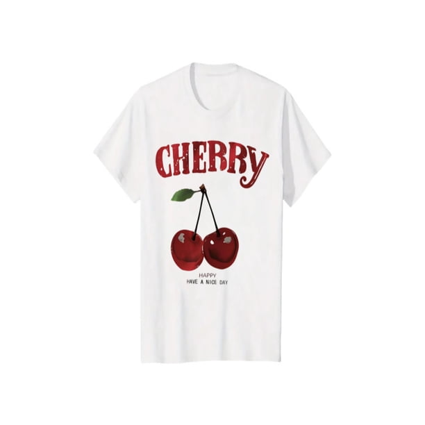 Women's Cherry & Letter Print Drop Shoulder Tee, Casual Short Sleeve Round Neck T-Shirt, Ladies Clothes for Daily Wear, T-shirt