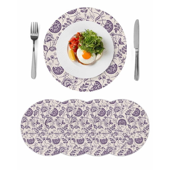 Purple Spring Floral Round 15 Inch Placemats Set of 4, Summer Botanical Farmhouse HeatResistant Non Slip Place Mats for Dining Table, Wipeable Braided Kitchen Table Mats for Housewarming