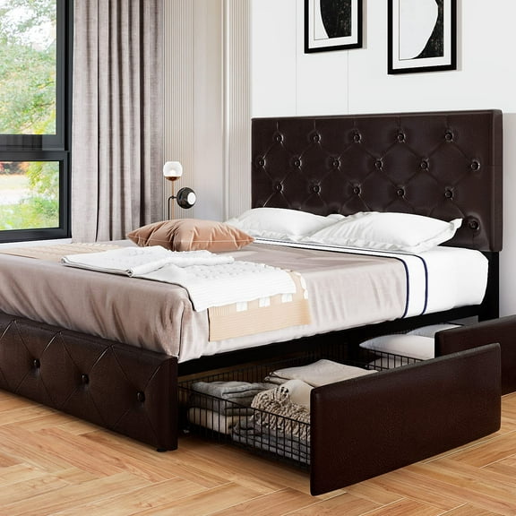 Allewie Upholstered Queen Size Platform Bed Frame with 4 Storage Drawers and Headboard, Diamond Stitched Button Tufted, Black Brown