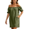 thumbnail image 3 of Kukoosong Women's Off The Shoulder Mini Dress, Short Sleeve Flowy Dress, Casual Summer Beach Sundress, Lightweight Button Up Pocket Loose Fit Dress, 3 of 7