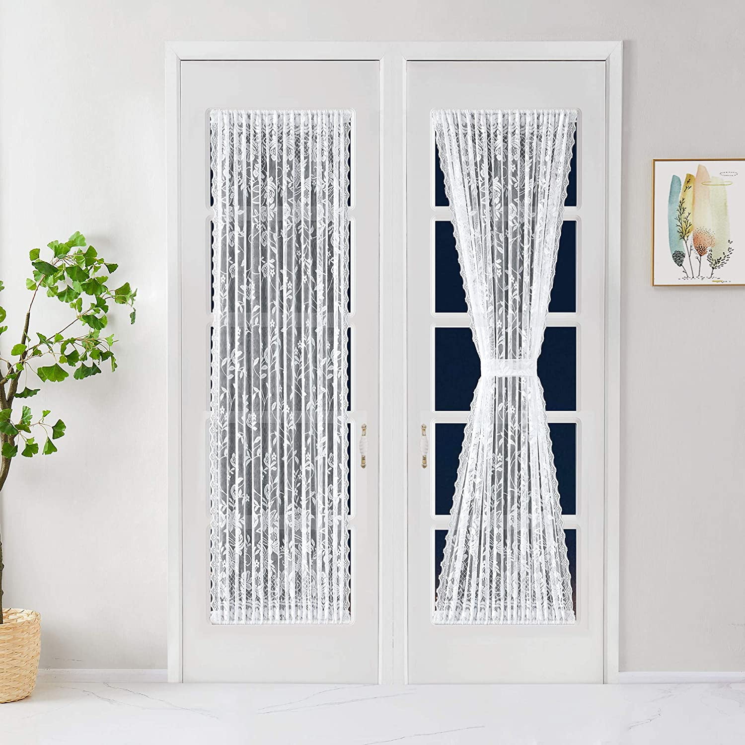 WARM HOME DESIGNS 2 White Color Sheer Lace French Door Curtain Panels