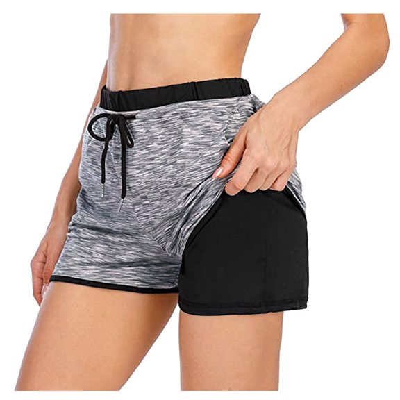 YYDGH Women Drawstring Yoga Running Shorts 2 in 1 Workout Athletic Shorts with Pockets Gray S