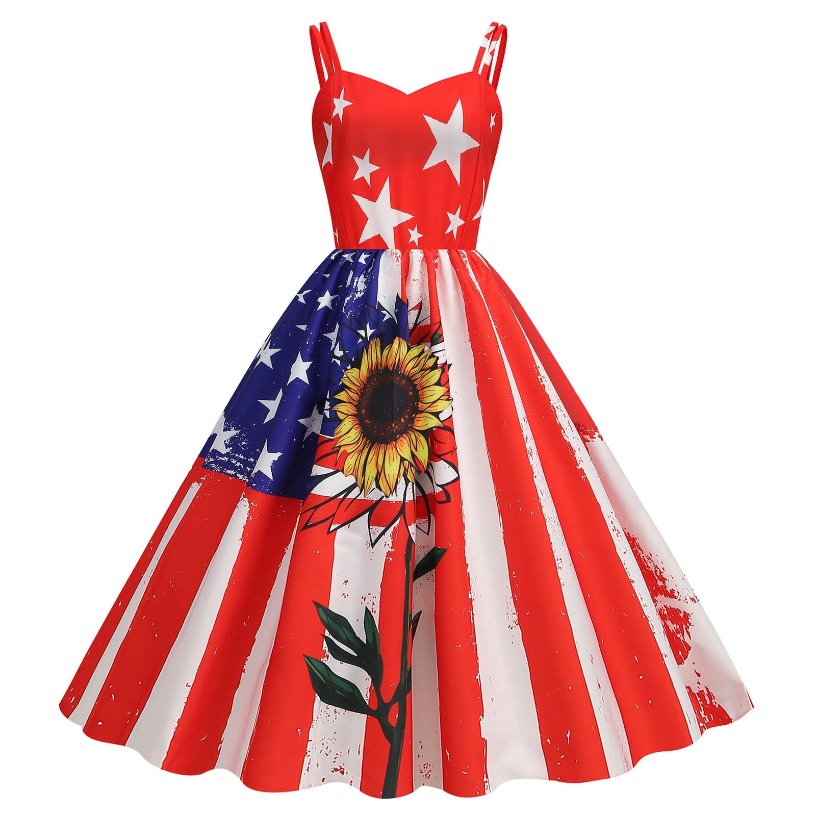 Womens Vintage A-line Midi Dress Sleeveless American Flag Print Flowy ...