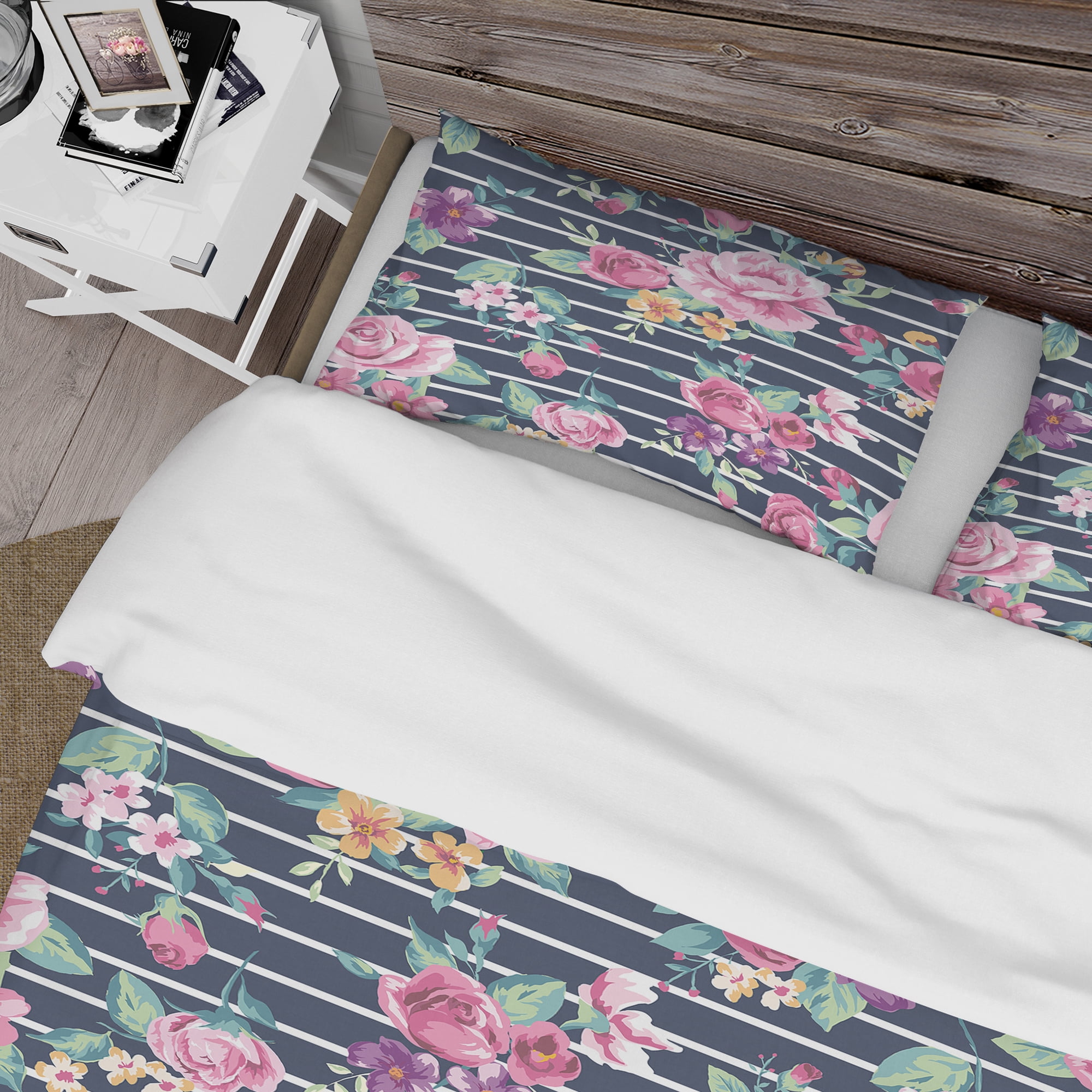 Designart 'Pink and Purple Flowers on Striped Background' Abstract Duvet Cover Set