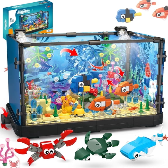 Fish Tank Building Block,725PCS Creative Aquarium Toy with Jellyfish,Dolphin, Turtle, Crab, Animal Building Toys for Boys Age 12 , 725pcs