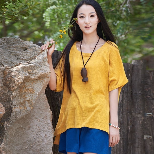 Blusa de las mujeres étnicas de algodón bajo alto hemline asimétrico se divide la camiseta sólida fl Abanopi Amarillo XXXL