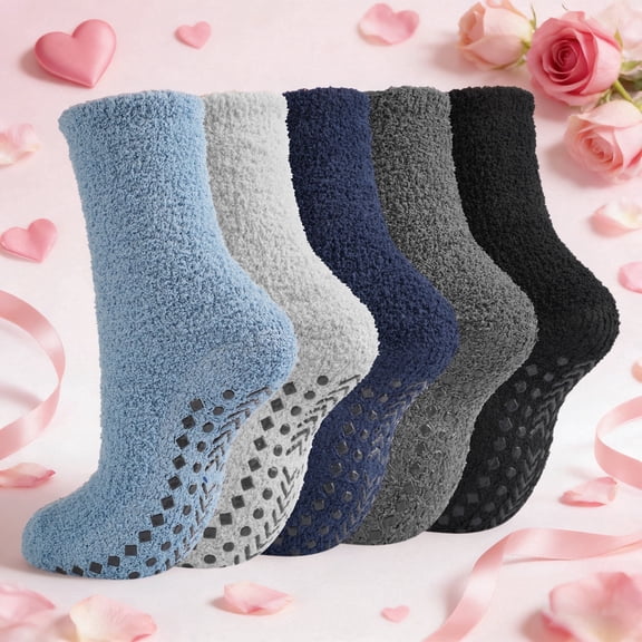 FREEYOKA 5 Pairs Men Fuzzy Socks Slipper Soft Cozy Plush Fluffy Sock Grips Non Slip Winter Valentine's Day Warm Gifts