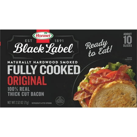 HORMEL BLACK LABEL Fully Cooked Pork Bacon, 2.52 oz Plastic Package in Cardboard Box