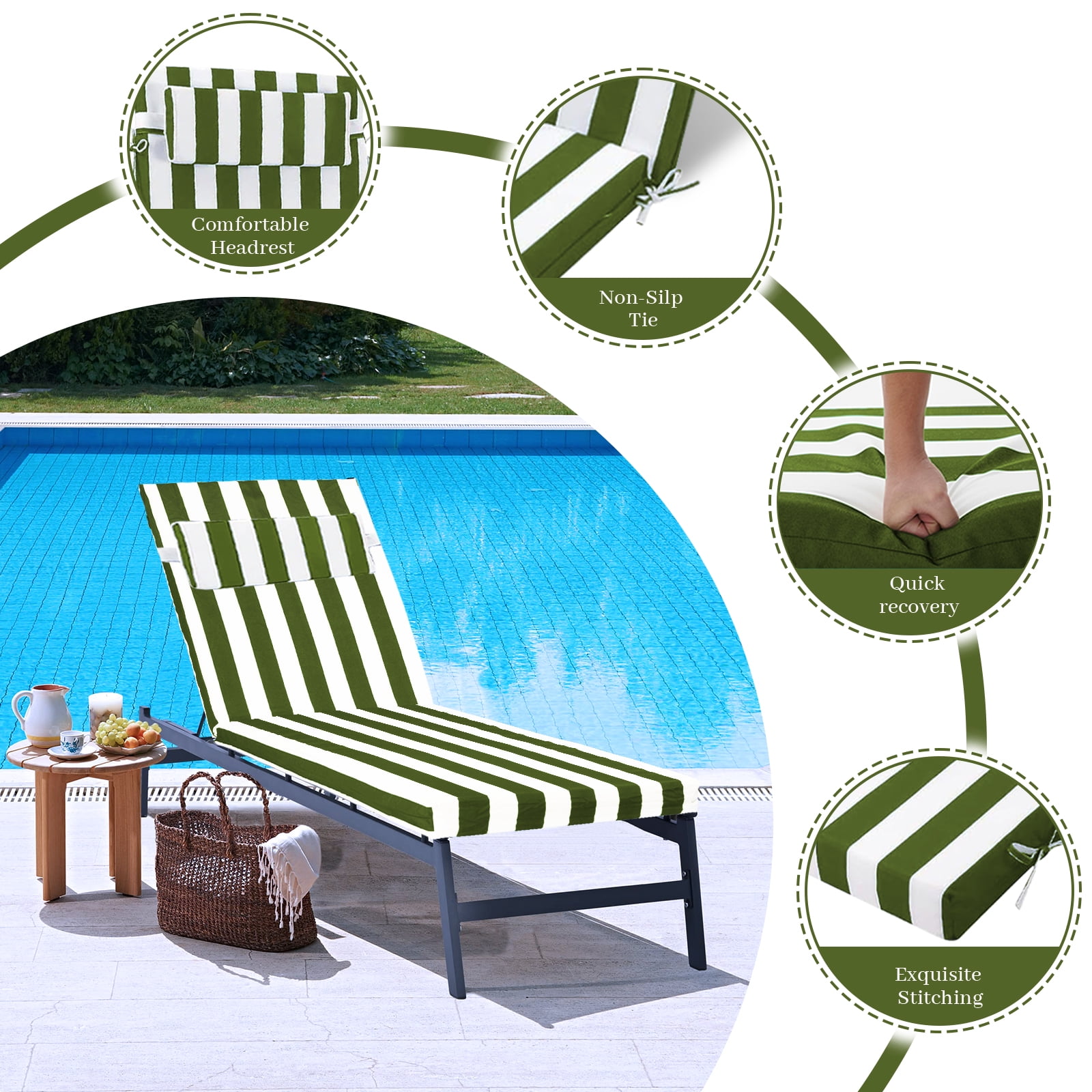 Outdoor Chaise Lounge Cushion, High-Density Foam Fill Patio Furniture Bench Cushions with Ties, Thicken Waterproof Replacement Back Chaise Cushions for Pool, Sand Beach (Grass Green White Stripes)