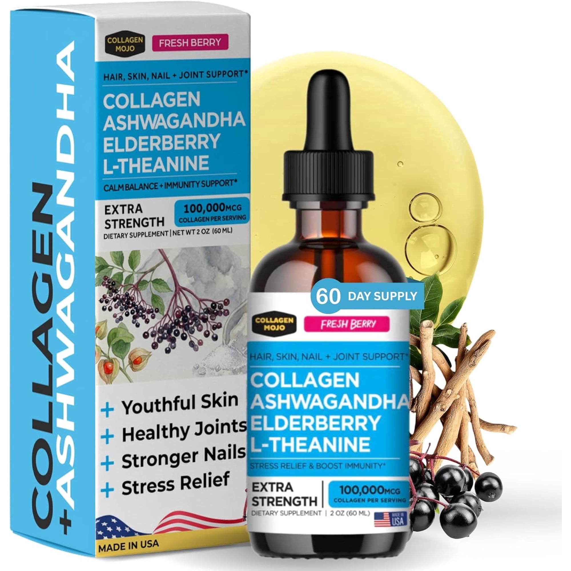 Liquid Collagen Peptides with Ashwagandha, Elderberry & L-Theanine. High Potency and Absorption Formula. Hair, Skin, Nail + Joint Support. Stress Relief & Immunity Booster – Collagen Mojo - 2 oz.