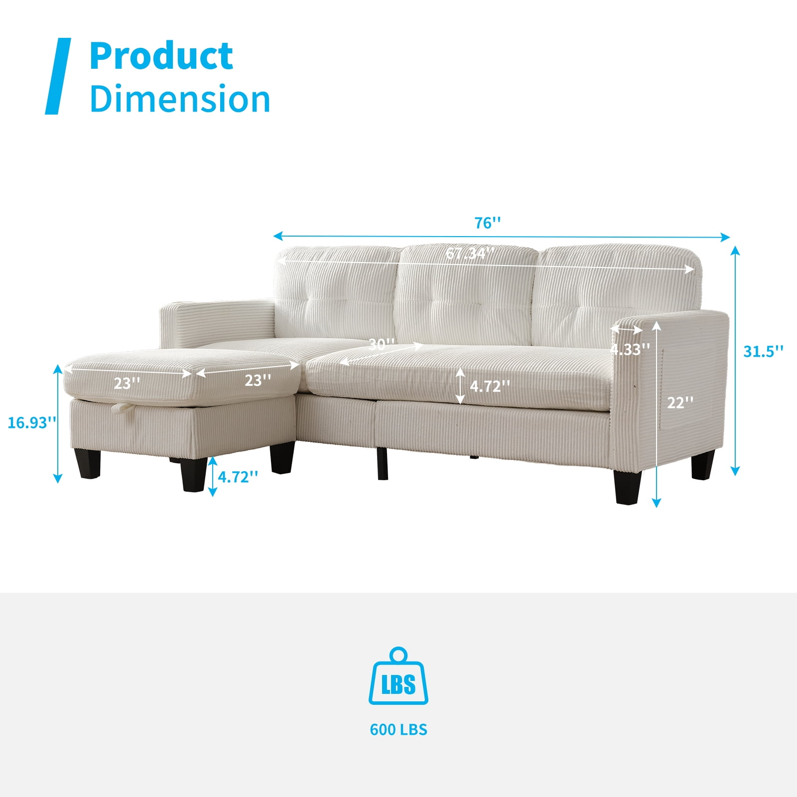 BALUS Sectional Sofa with Storage Ottomans, Small L-Shaped Sofa and Corduroy Couch for Living Room, Beige