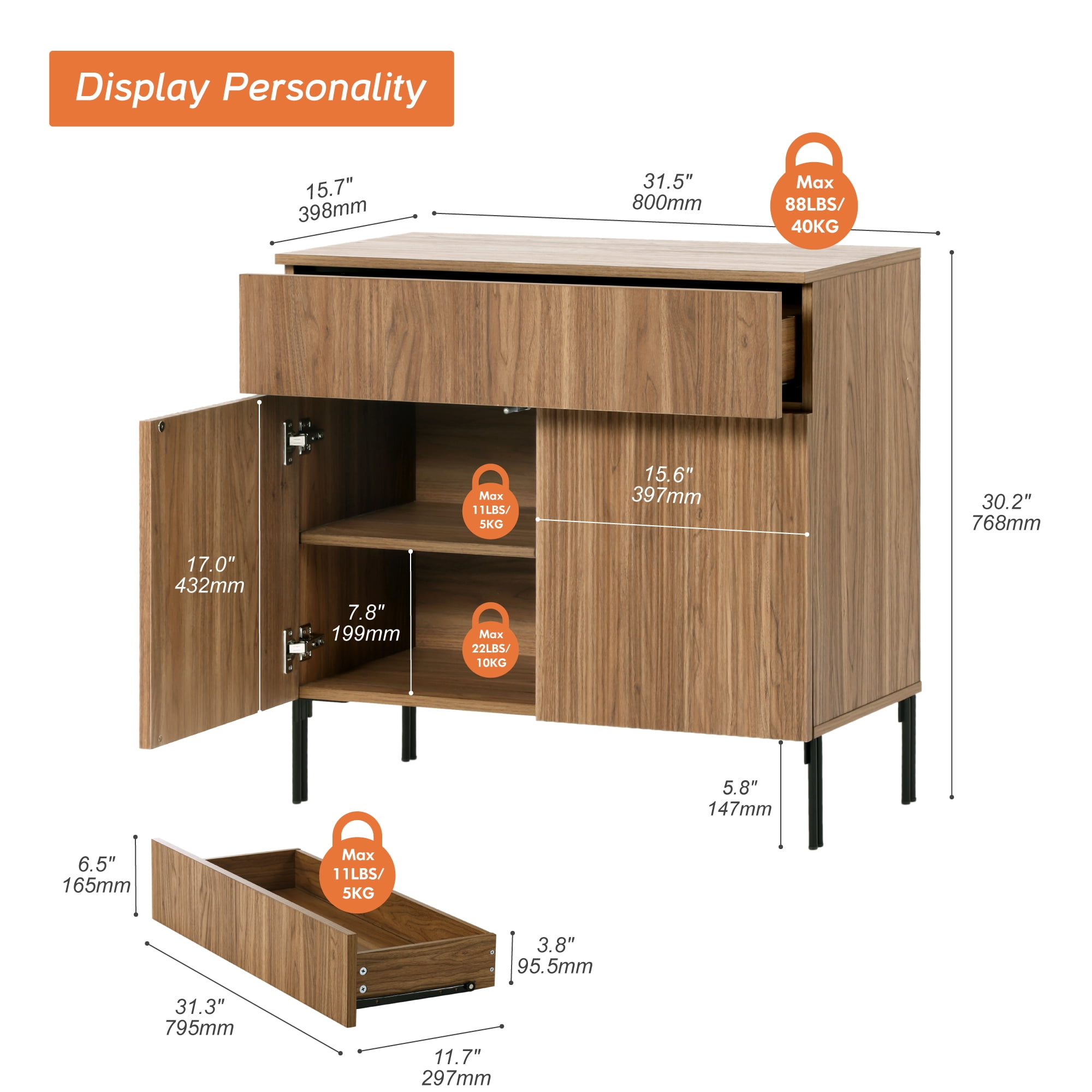31.5" Reeded Accent Cabinet with 2 Doors and Drawer, Modern Credenza Storage Cabinet with Metal Legs for Living Room, Kitchen, Dining Room, Hallway