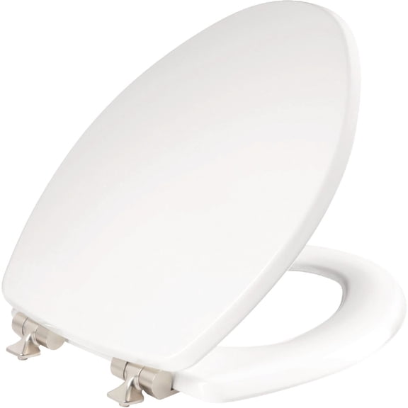 Mayfair Bennett Toilet Seat with Brushed Nickel Hinges, Slow Close Wood Seat, Secure Metal Hinges, Easy Install, Elongated, White