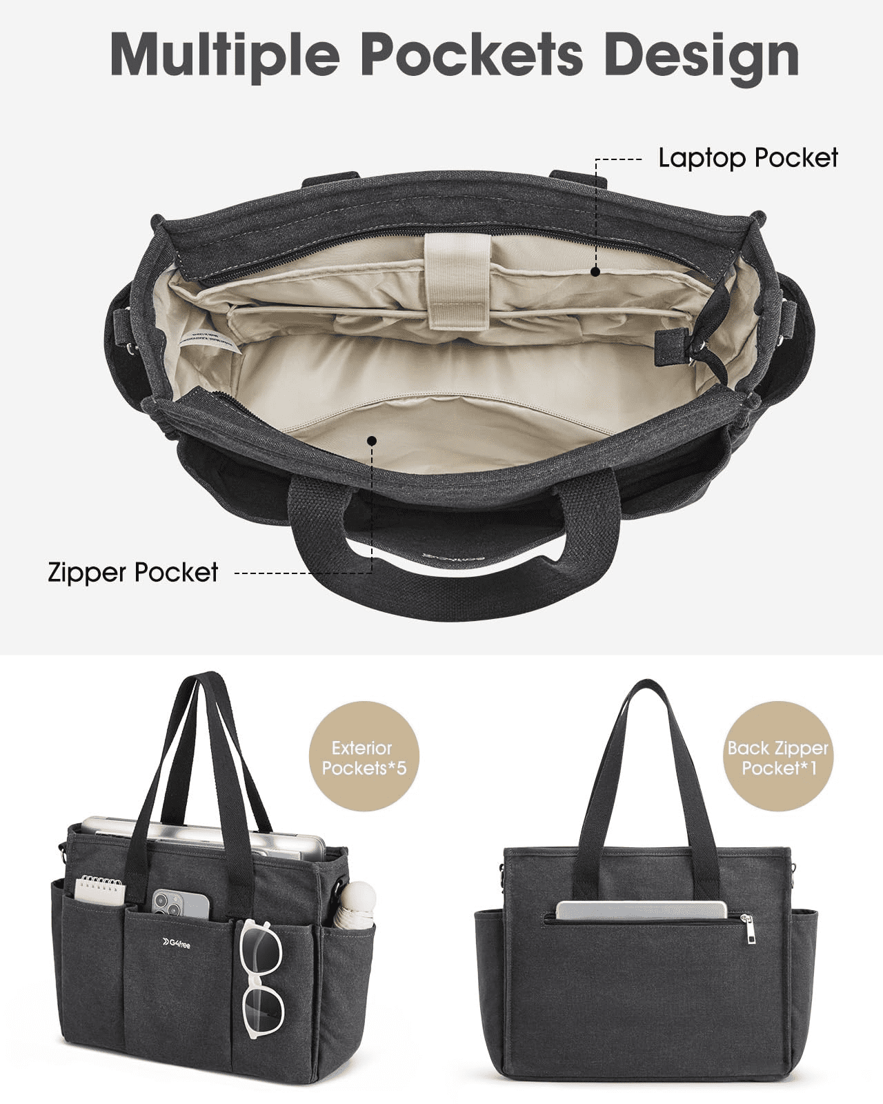 G4Free Canvas Tote Bag with Pockets, Medium Size Crossbody Work Tote Bag for Women Zipper Closure