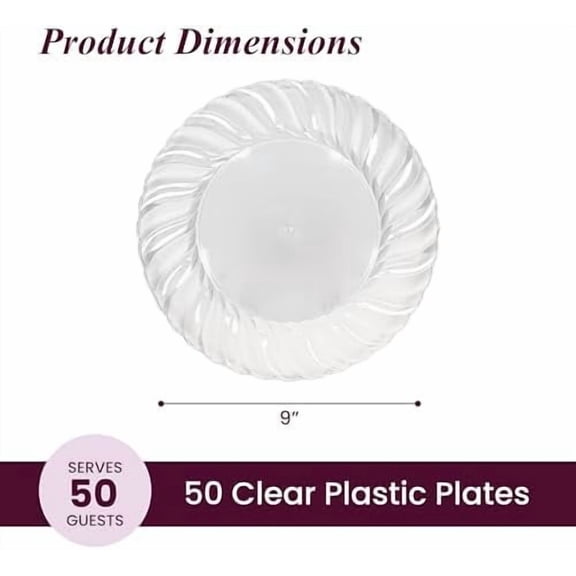 50 Clear Plastic Plates 9" - Heavy-Duty Round Disposable Plates for Parties, Events, and Weddings - Elegant, Durable Clear Dinner Plate for Serving Food and for Easy Cleanup