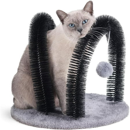 Cat Arch Self Groomer Cat Massager, Cat Grooming Brush with 2 Brushes and Heavy Plush Base, Cat Face and Back Scratchers, Cat Scratchers for Indoor Cats with 2 Toy Plush Balls, Cat Rubbing Post