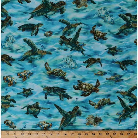 Cotton Sea Turtles Tropical Fish Underwater Lionfish Ocean Animals Nature North American Wildlife Cotton Fabric Print by the Yard (ABK-73543-59 OCEAN)
