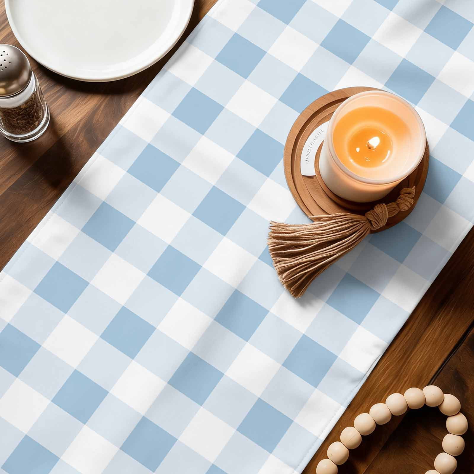 Simple Spring Blue White Lattice Table Runner 90 Inches Long,Kitchen Dining Tablerunners Farmhouse Simplistic Gingham Linen Table Runners Dresser Scarves for Home Dinner Wedding Holiday Party Decor