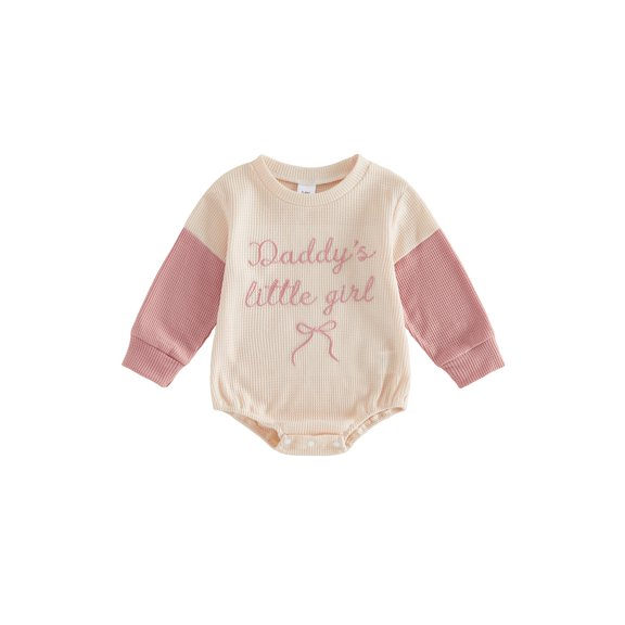 RUINIXCW Newborn Baby Girl Spring Fall Clothes Daddy's Little Girl Outfit Bubble Romper 0 3 6 9 12 Months Letters Bow Embroidery Crew Neck Partchwork Long Sleeve Waffled Bodysuit