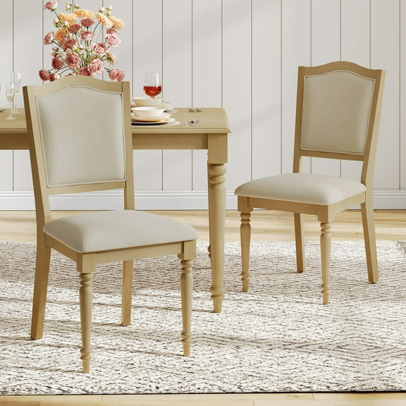 Set of 2 Dining Chairs with Upholstered Back & Seat, Farmhouse Kitchen Chair with Solid Wood Legs for Dining Room, Oak