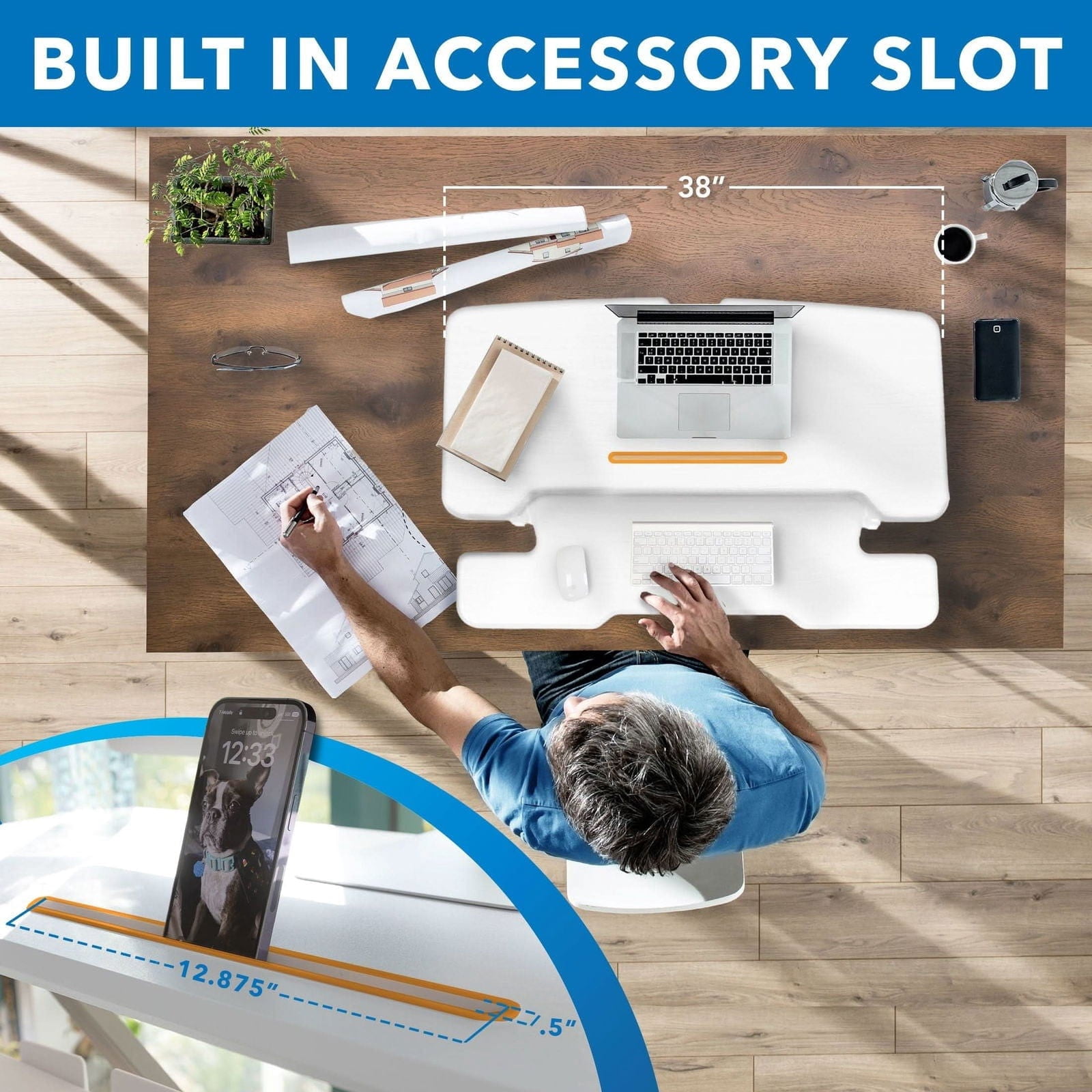 Mount-It! 38'' Standing Desk Converter – Height Adjustable Sit Stand Riser with Dual Monitor Space, Keyboard Tray & Device Slot – Gas Spring Lift, MDF Desktop, White